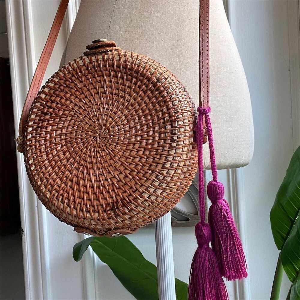 Handmade Rattan Crossbody Bag Floral Lining Leather Strap Boho Summer
